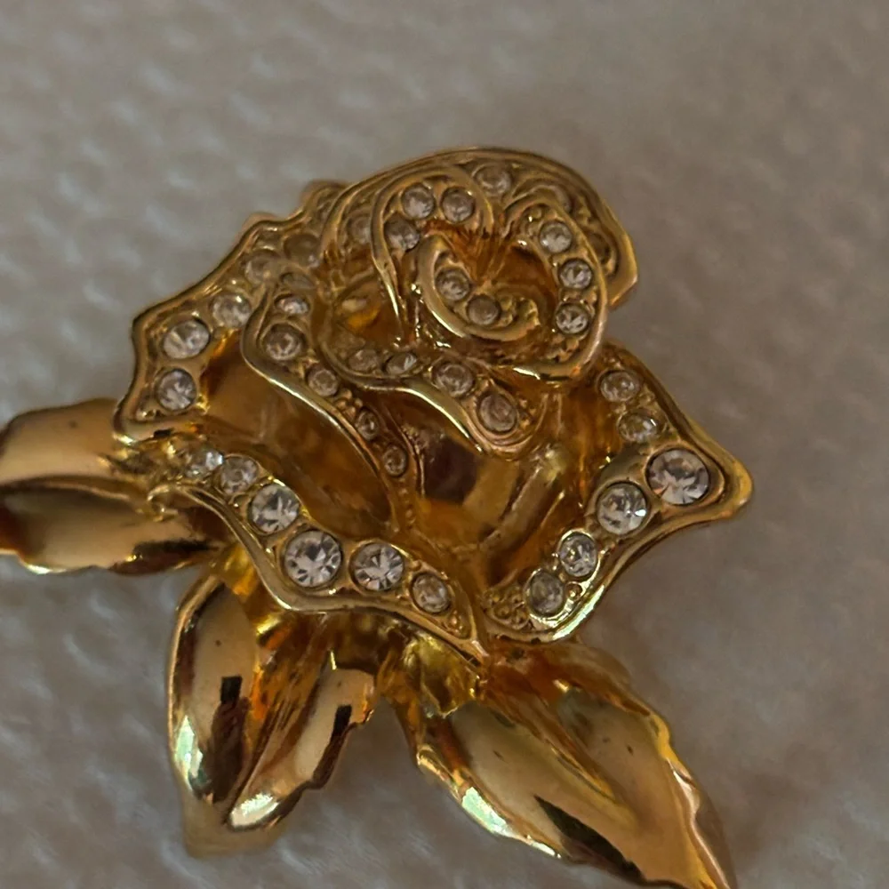 Vintage Avon Glam Sparkle Rose Brooch Rhinestone Covered, Gold Tone